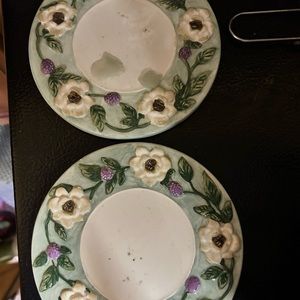 Two blue/white/purple round candle holders